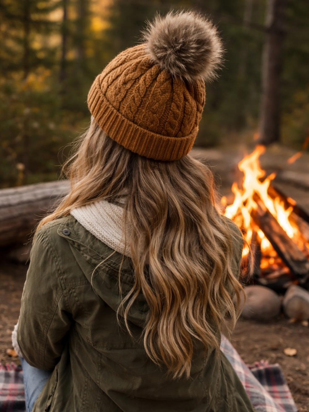 Frye & Co Caramel Pom Pom Beanie OS Knit Winter Hat Faux Fur Pom Cozy Cabin Core
